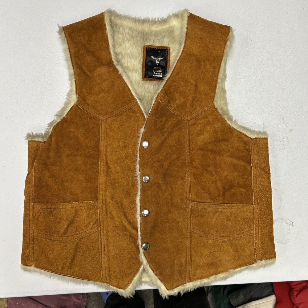 Unbranded Leather Suede Vest Mens M Brown Faux Fur Lined Western Snap Front
